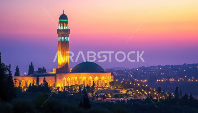 دعوة المسلمين إلى الصلاه،  العباده والتقرب إلى الله،  صورة لمسجد في وقت الغروب،  المعالم الدينية والأماكن المقدسة، الفن الهندسي المعماري للمآذن والقبب