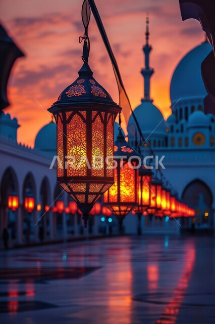 دعوة المسلمين إلى الصلاه،  العباده والتقرب إلى الله،  صورة مقربة لفوانيس  في المسجد في وقت الغروب،  المعالم الدينية والأماكن المقدسة، الفن الهندسي المعماري للمآذن والقبب