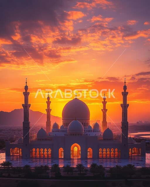 Calling Muslims to prayer, worship and getting closer to God, a picture of a mosque at sunset, religious monuments in the Kingdom of Saudi Arabia, the architectural art of minarets and domes