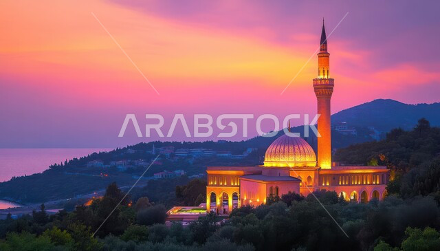 Worshiping and getting closer to God, calling Muslims to prayer, a picture of a mosque at sunset, religious monuments and holy places, the architectural art of minarets and domes