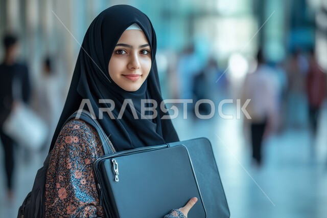 مفهوم الاناقة والأنوثة، أزياء محجبات عصرية حديثة، النظر إلى الكاميرا بايماءات الثقة بالنفس، الاهتمام بالمظهر الخاجي، صورة مقربة لامرأة عربية خليجية سعودية محجبه مبتسمه تحمل بيدها حقيبة سوداء جلدية
