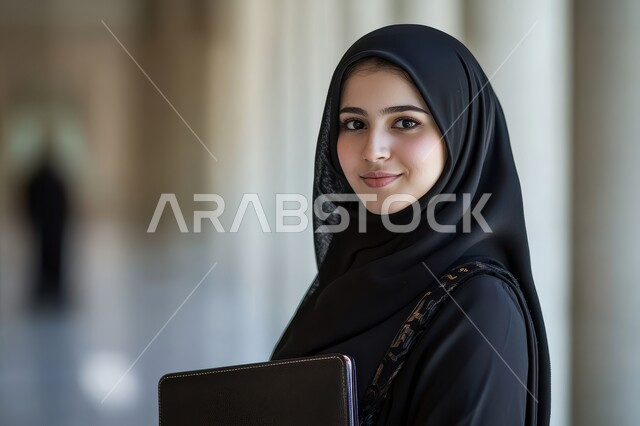 الاهتمام بالمظهر الخاجي، صورة مقربة لامرأة عربية خليجية سعودية محجبه مبتسمه تحمل بيدها حقيبة سوداء جلدية، مفهوم الاناقة والأنوثة، أزياء محجبات عصرية حديثة، النظر إلى الكاميرا بايماءات الثقة بالنفس