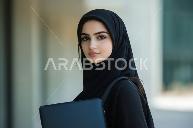 النظر إلى الكاميرا بايماءات الثقة بالنفس، الاهتمام بالمظهر الخاجي، صورة مقربة لامرأة عربية خليجية سعودية محجبه مبتسمه تحمل بيدها حقيبة سوداء جلدية، مفهوم الاناقة والأنوثة، أزياء محجبات عصرية حديثة