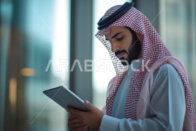 إنجاز المهام عن بعد، ايماءات وتعابير التركيز والاندماج, استخدام الأجهزة والتقنيات الحديثة لتسهيل الأعمال, رجل أعمال عربي سعودي خليجي يرتدي الثوب التقليدي والشماغ يحمل بيده جهاز التابليت، تحقيق استراتيجيات وأهداف العمل، مهن ووظائف سعودية