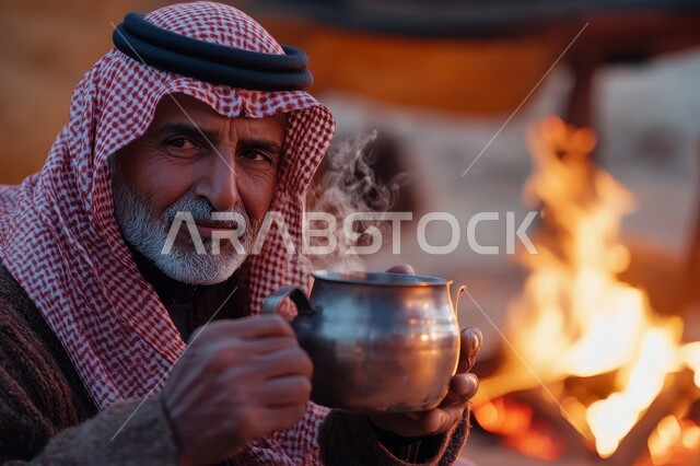 تدفئة جسم كبار السن في فصل الشتاء بتناول المشروبات الساخنة، صورة مقربة لرجل مسن عربي خليجي سعودي يجلس أمام شعلة الحطب ويمسك بيده كوب من الشاي الساخن، النظر إلى الكاميرا بإيماءات السرور، قضاء أوقات سعيدة في براري المملكة العربية السعودية