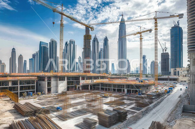 برج تحت التشييد باستخدام الآليات الحديثة، الآلات والمعدات الثقيلة والرافعات والسقالات العالية, مفهوم الهندسة الانشائية والمعمارية, مبنى قيد الانشاء في المملكة العربية السعودية, أعمال البناء وصب الخرسانات ووضع الأساسات, تنفيذ مخطط الإعمار وتشكيل الهيكل المعدني