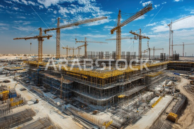 الآلات والمعدات الثقيلة والرافعات والسقالات العالية, مفهوم الهندسة الانشائية والمعمارية, مبنى قيد الانشاء في المملكة العربية السعودية, أعمال البناء وصب الخرسانات ووضع الأساسات, تنفيذ مخطط الإعمار وتشكيل الهيكل المعدني, برج تحت التشييد باستخدام الآليات الحديثة