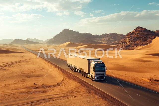 مفهوم الخدمات اللوجستية وتوصيل البضائع بين المدن، شاحنة نقل كبيرة في طريق صحراوي وسط الكثبان الرملية، الطبيعة الصحراوية والتضاريس والمرتفعات الجبلية في المملكة العربية السعودية, السماء المليئة بالغيوم البيضاء وقت النهار