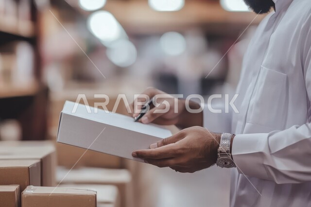 Inventory management concept, Distribution and service center, Saudi Arabia factories and factories warehouses, Close-up of a Saudi Arabian Gulf Arab warehouse worker checking the receiving and storage operations, Boxes and cartons packed inside the warehouse