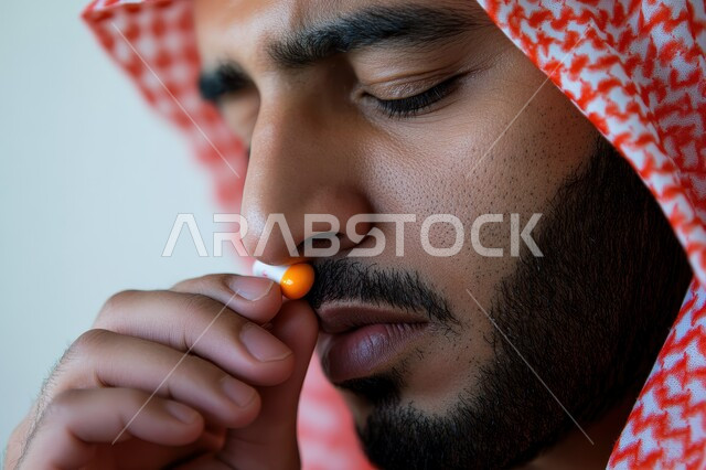 القيام بعادات سلوكية ضارة، المعاناة من الاضطرابات النفسية والمشاكل الصحية، الآثار السلبية للادمان، صورة مقربة لرجل عربي خليجي سعودي يرتدي الشماغ والثوب التقليدي يقوم بشم المخدرات، استنشاق وتعاطي المواد السامة