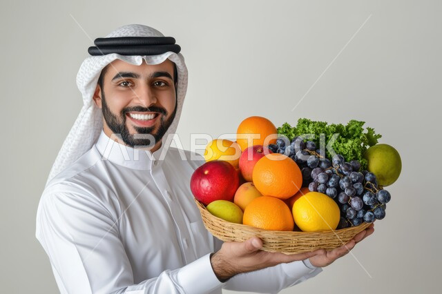 محاصيل زراعية سعودية ذات جودة عالية، تلبية احتياجات الجسم من الفيتامينات، الحفاظ على الرشاقة والصحه البدنية من خلال تناول الطعام المفيد، بورتريه مقرب لرجل عربي خليجي سعودي يرتدي الثوب التقليدي والشماغ يمسك بيديه سلة من الفواكه المتنوعة الطازجة، خلفية بيضاء