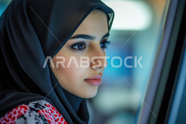 مفهوم الأنوثة والنعومة، الاهتمام بالمظهر الخارجي والأناقة، صورة مقربة لإمرأة عربية خليجية سعودية محجبة تنظر إلى شيء ما بإيماءات التركيز وشرود الذهن، أزياء محجبات عصرية وأنيقة، الملامح العربية القوية