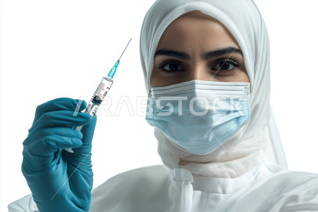 إتباع إجراءات الوقاية و السلامة،  بورتريه مقرب لطبيبة عربية خليجية سعودية ترتدي المعطف الأبيض والكمامة والقفازات الواقية تحمل بيدها حقنة طبية، التطعيم ضد فايروس كورونا ، الوعي الصحي و تجنب إنتشار العدوى، خلفية بيضاء