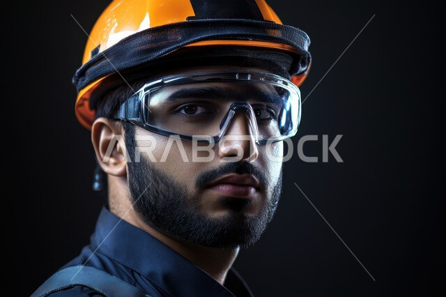 الإشراف على العمل في القطاع الهندسي الصناعي، مهن وأعمال هندسية شبابية، الوقوف بثقة والنظر إلى الكاميرا، معامل ومصانع سعودية، بورتريه مقرب لمهندس عربي خليجي سعودي  يرتدي خوذة ونظارات الحماية، خلفية سوداء 