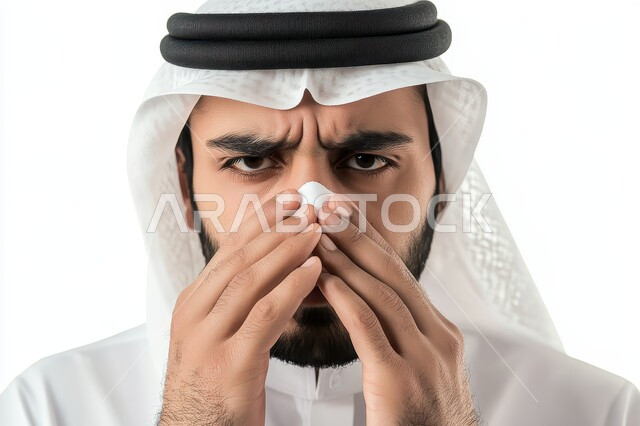 الشعور بالمرض و الزكام والحاجة الى العلاج والدواء, التهاب الأنف التحسسية, بورتريه لرجل عربي خليجي سعودي يرتدي الثوب التقليدي والغترة يضع يديه على أنفه بإيماءات التعب والألم, الإصابة بفايروس كورونا كوفيد19، خلفية بيضاء