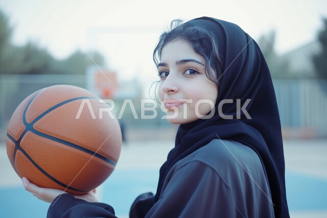النظر إلى الكاميرا بإيماءات السعادة والسرور، أنشطة ورياضات نسائية في المملكة، صورة مقربة لشابة عربية خليجية سعودية مبتسمة محجبة تحمل بيدها كرة السلة، تمارين بدنية للتسليه والترفيه، جودة الحياة الصحية، مفهوم اللياقة والمرونة