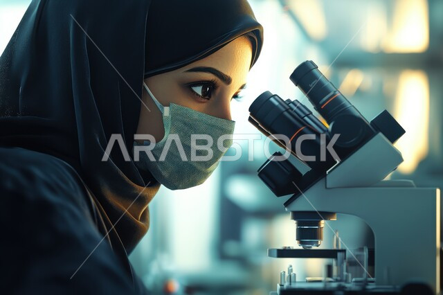 مختبرات الفحوصات الطبية والتحاليل الكيمائية، استخدام أجهزة الفحص المتطورة لتحليل العينات المختلفة، معمل الصناعات الدوائية، مخبرية عربية خليجية سعودية محجبة تقوم بالنظر في المجهر، إجراء التجارب والبحوث العلمية الحيوية