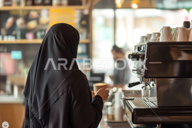 الاستمتاع بالمشروبات الساخنة، منتجات محلية وطنية سعودية، صورة من الخلف لإمرأة عربية سعودية خليجية محجبة ترتدي عباءة سوداءة تقوم بتحضير القهوة باستعمال الآلة المخصصة، استخدام ذراع ماكينة الاسبريسو