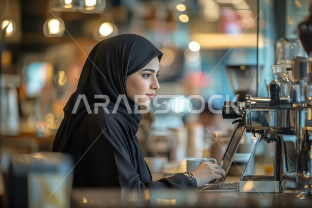 منتجات محلية وطنية سعودية، الاستمتاع بالمشروبات الساخنة، صورة من الجانب لإمرأة عربية سعودية خليجية محجبة ترتدي عباءة سوداءة تقوم بتحضير القهوة باستعمال الآلة المخصصة، استخدام ذراع ماكينة الاسبريسو