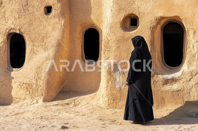 القرى والمدن الأثرية في المملكة العربية السعودية، صورة من الخلف لإمرأة عربية سعودية خليجية محجبة ترتدي عباءة سوداء تمشي في حي قديم، الهندسة الفنية المعمارية على الطراز التقليدي، المنازل التاريخية المصنوعة من الطين