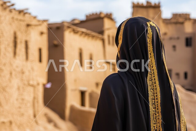 الهندسة الفنية المعمارية على الطراز التقليدي، المنازل التاريخية المصنوعة من الطين، القرى والمدن الأثرية في المملكة العربية السعودية، صورة من الخلف لإمرأة عربية سعودية خليجية محجبة ترتدي عباءة سوداء مطرزة تمشي في حي قديم