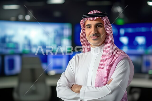 مهن ووظائف ادارية مكتبية، دمج العمل مع التقنيات والتكنولوجيا، مفهوم إدارة شؤون الأعمال وتنظيمها عبر الاجهزة التقنية، صورة مقربة لرجل اعمال عربي خليجي سعودي يرتدي الثوب التقليدي والشماغ ينظر الى الكاميرا  الوقوف بأيدي متقاطعة بإيماءات السعادة والسرور