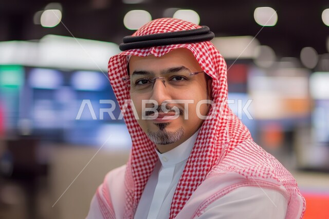 الأناقة والاهتمام بالمظهر الخارجي، رجل عربي سعودي خليجي يرتدي الثوب التقليدي والشماغ يجلس في مكان العمل، النظر إلى الكاميرا بايماءات الثقة بالنفس، مفهوم الرجولة والقوة، أزياء وملابس عربية سعودية