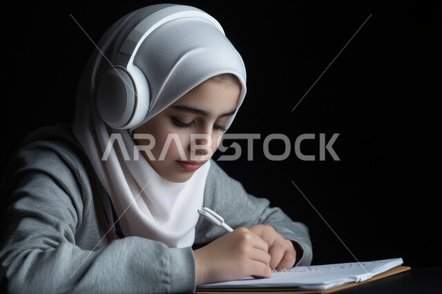 A diligent student sitting at the study table, the concept of e-learning, distance learning using modern technology, a portrait of a veiled Saudi Arabian Gulf student wearing a school uniform and putting a headphone on her head following the lessons, black background