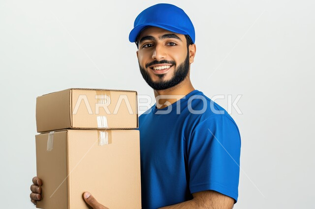 الشحن والتوصيل ذات الجودة العالية، بورتريه لشاب عربي خليجي سعودي يرتدي الزي الكاجوال ويضع قبعة زرقاء يعمل كمندوب مبيعات ويحمل بيده صندوق كرتوني، النظر الى الكاميرا بإيماءات السعادة والسرور، التسوق وطلب المنتجات عبر الإنترنت، عملية توصيل الطلبات للزبائن, خلفية بيضاء