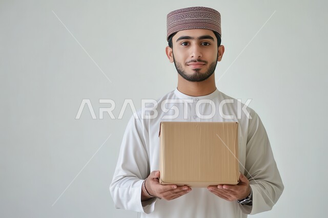 عملية توصيل الطلبات للزبائن، الشحن والتوصيل ذات الجودة العالية، بورتريه لشاب عربي خليجي سعودي يرتدي الزي التقليدي يعمل كمندوب مبيعات ويحمل بيده صندوق كرتوني، النظر الى الكاميرا بإيماءات السعادة والسرور، التسوق وطلب المنتجات عبر الإنترنت, خلفية بيضاء