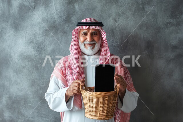 استخدام الأجهزة المتطورة في العمل، صورة مقربة لرجل كبير بالسن عربي سعودي خليجي يرتدي الثوب التقليدي والشماغ يحمل بيده سلة مصنوعة من القش فيها موبايل، عرض شاشة سوداء فارغة على الهاتف المحمول، النظر  إلى الكاميرا بإيماءات السعادة والسرور