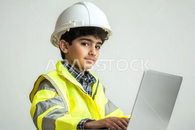 تعريف الأطفال على مفهوم الهندسة و المهن المستقبلية،  بورتريه لفتى عربي خليجي سعودي يرتدي سترة وخوذة الحماية يقوم باستخدام جهاز الحاسب المحمول، النظر الى الكاميرا بإيماءات الثقة بالنفس، لشغف بمهنة الهندسة منذ الطفولة، خلفية بيضاء