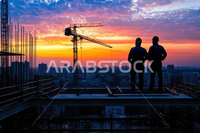 العمل في موقع البناء، صورة ظلية  لمهندسان معماريان عربيان سعوديان خليجيان يتابعان سير المشروع، ارتداء خوذة وسترة الحماية الخاصة بالعمل، التدقيق والاشراف على العمل وقت الغروب، مهن ووظائف هندسية، حوارات ونقاشات عمل، سالوليت