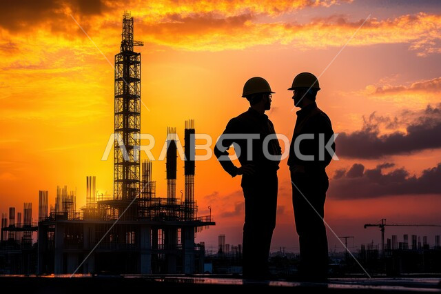 مهن ووظائف هندسية، حوارات ونقاشات عمل، العمل في موقع البناء، صورة ظلية  لمهندسان معماريان عربيان سعوديان خليجيان يتابعان سير المشروع، ارتداء خوذة وسترة الحماية الخاصة بالعمل، التدقيق والاشراف على العمل وقت الغروب، سالوليت