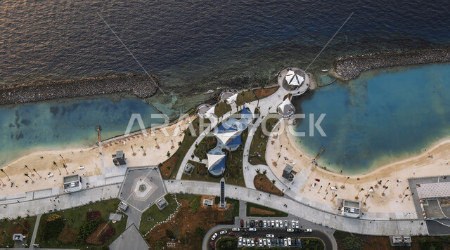 Drone photography from above of the Jeddah Corniche, the waterfront of Jeddah, a picturesque tourist area in western Saudi Arabia