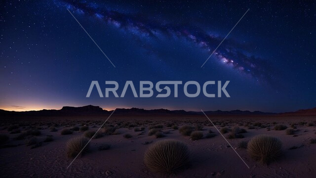 نمو النباتات الخضراء في الأراضي الصحراوية، التضاريس والبيئة الجافة في الصحراء العربية، منظر القمر المضيء وسط السماء الصافية, الكثبان الرملية الذهبية، جبال ومرتفعات المملكة العربية السعودية في الليل، التكوينات والتشكيلات الصخرية في شبه الجزيرة، خلفية الطبيعة