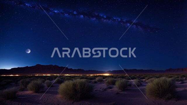نمو النباتات الخضراء في الأراضي الصحراوية، التضاريس والبيئة الجافة في الصحراء العربية، منظر القمر المضيء وسط السماء الصافية, الكثبان الرملية الذهبية، جبال ومرتفعات المملكة العربية السعودية في الليل، التكوينات والتشكيلات الصخرية في شبه الجزيرة، خلفية الطبيعة