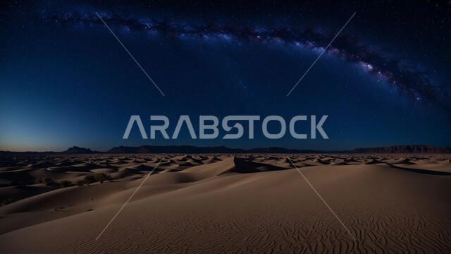 نمو النباتات الخضراء في الأراضي الصحراوية، التضاريس والبيئة الجافة في الصحراء العربية، منظر القمر المضيء وسط السماء الصافية, الكثبان الرملية الذهبية، جبال ومرتفعات المملكة العربية السعودية في الليل، التكوينات والتشكيلات الصخرية في شبه الجزيرة، خلفية الطبيعة