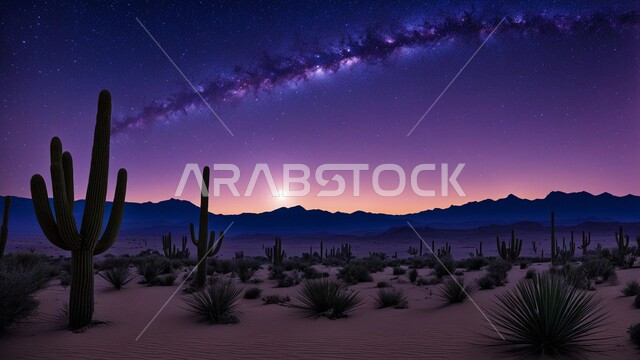 نمو النباتات الخضراء في الأراضي الصحراوية، التضاريس والبيئة الجافة في الصحراء العربية، منظر القمر المضيء وسط السماء الصافية, الكثبان الرملية الذهبية، جبال ومرتفعات المملكة العربية السعودية في الليل، التكوينات والتشكيلات الصخرية في شبه الجزيرة، خلفية الطبيعة
