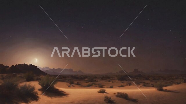 نمو النباتات الخضراء في الأراضي الصحراوية، التضاريس والبيئة الجافة في الصحراء العربية، منظر القمر المضيء وسط السماء الصافية, الكثبان الرملية الذهبية، جبال ومرتفعات المملكة العربية السعودية في الليل، التكوينات والتشكيلات الصخرية في شبه الجزيرة، خلفية الطبيعة
