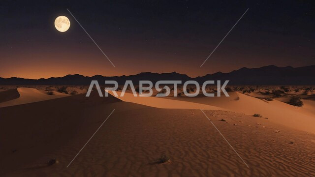 نمو النباتات الخضراء في الأراضي الصحراوية، التضاريس والبيئة الجافة في الصحراء العربية، منظر القمر المضيء وسط السماء الصافية, الكثبان الرملية الذهبية، جبال ومرتفعات المملكة العربية السعودية في الليل، التكوينات والتشكيلات الصخرية في شبه الجزيرة، خلفية الطبيعة