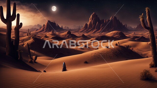 نمو النباتات الخضراء في الأراضي الصحراوية، التضاريس والبيئة الجافة في الصحراء العربية، منظر القمر المضيء وسط السماء الصافية, الكثبان الرملية الذهبية، جبال ومرتفعات المملكة العربية السعودية في الليل، التكوينات والتشكيلات الصخرية في شبه الجزيرة، خلفية الطبيعة