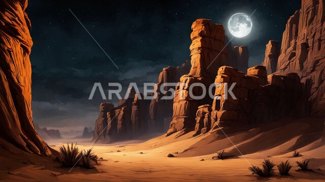 نمو النباتات الخضراء في الأراضي الصحراوية، التضاريس والبيئة الجافة في الصحراء العربية، منظر القمر المضيء وسط السماء الصافية, الكثبان الرملية الذهبية، جبال ومرتفعات المملكة العربية السعودية في الليل، التكوينات والتشكيلات الصخرية في شبه الجزيرة، خلفية الطبيعة