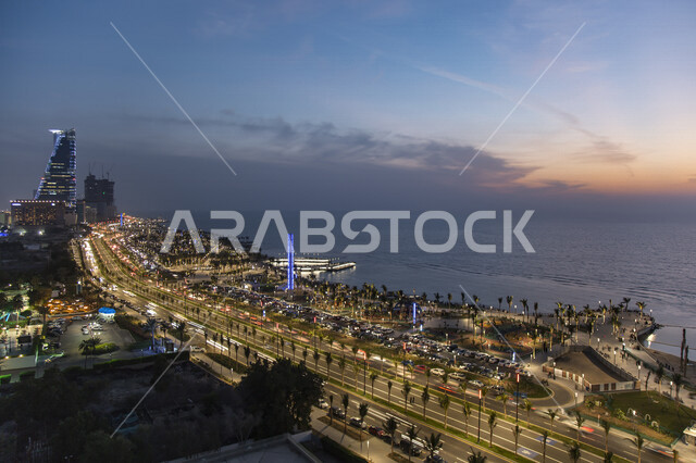 A wonderful view of the Jeddah Corniche at sunset, the Jeddah waterfront in western Saudi Arabia, a picturesque tourist area