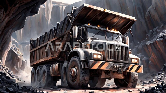 سيارة تقوم بالحفر والعمل في موقع التعدين، مناطق التنقيب عن الثروات الباطنية الخام، أماكن مناجم الفحم الطبيعي، نقل الأتربة بواسطة الشاحنات،  الطبيعة الصخرية وتضاريس السلاسل الجبلية، المرتفعات وقمم الجبال في المملكة العربية السعودية