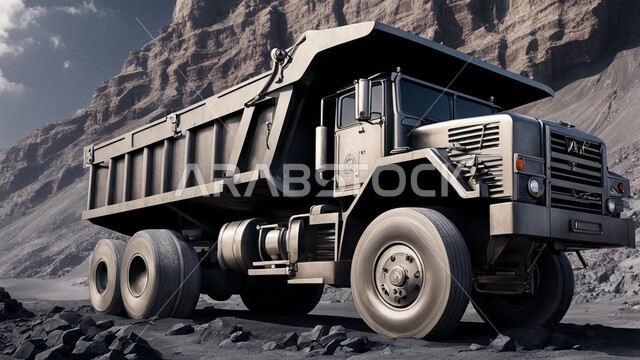 سيارة تقوم بالحفر والعمل في موقع التعدين، مناطق التنقيب عن الثروات الباطنية الخام، أماكن مناجم الفحم الطبيعي، نقل الأتربة بواسطة الشاحنات،  الطبيعة الصخرية وتضاريس السلاسل الجبلية، المرتفعات وقمم الجبال في المملكة العربية السعودية