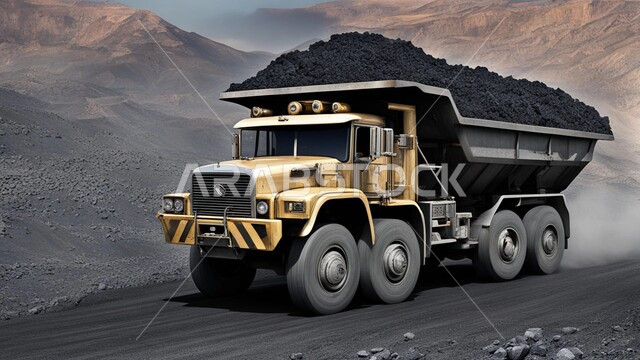 سيارة تقوم بالحفر والعمل في موقع التعدين، مناطق التنقيب عن الثروات الباطنية الخام، أماكن مناجم الفحم الطبيعي، نقل الأتربة بواسطة الشاحنات،  الطبيعة الصخرية وتضاريس السلاسل الجبلية، المرتفعات وقمم الجبال في المملكة العربية السعودية