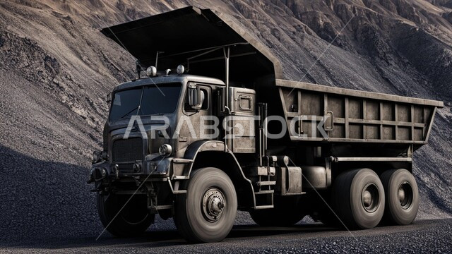 أماكن مناجم الفحم الطبيعي، سيارة تقوم بالحفر والعمل في موقع التعدين، مناطق التنقيب عن الثروات الباطنية الخام، نقل الأتربة بواسطة الشاحنات،  الطبيعة الصخرية وتضاريس السلاسل الجبلية، المرتفعات وقمم الجبال في المملكة العربية السعودية