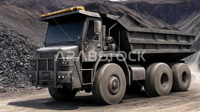 أماكن مناجم الفحم الطبيعي، سيارة تقوم بالحفر والعمل في موقع التعدين، مناطق التنقيب عن الثروات الباطنية الخام، نقل الأتربة بواسطة الشاحنات،  الطبيعة الصخرية وتضاريس السلاسل الجبلية، المرتفعات وقمم الجبال في المملكة العربية السعودية