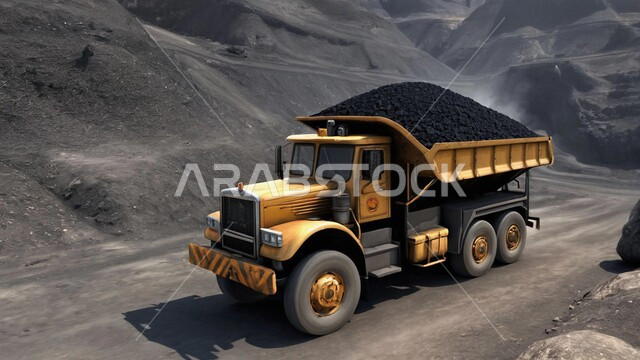 أماكن مناجم الفحم الطبيعي، سيارة تقوم بالحفر والعمل في موقع التعدين، مناطق التنقيب عن الثروات الباطنية الخام، نقل الأتربة بواسطة الشاحنات،  الطبيعة الصخرية وتضاريس السلاسل الجبلية، المرتفعات وقمم الجبال في المملكة العربية السعودية